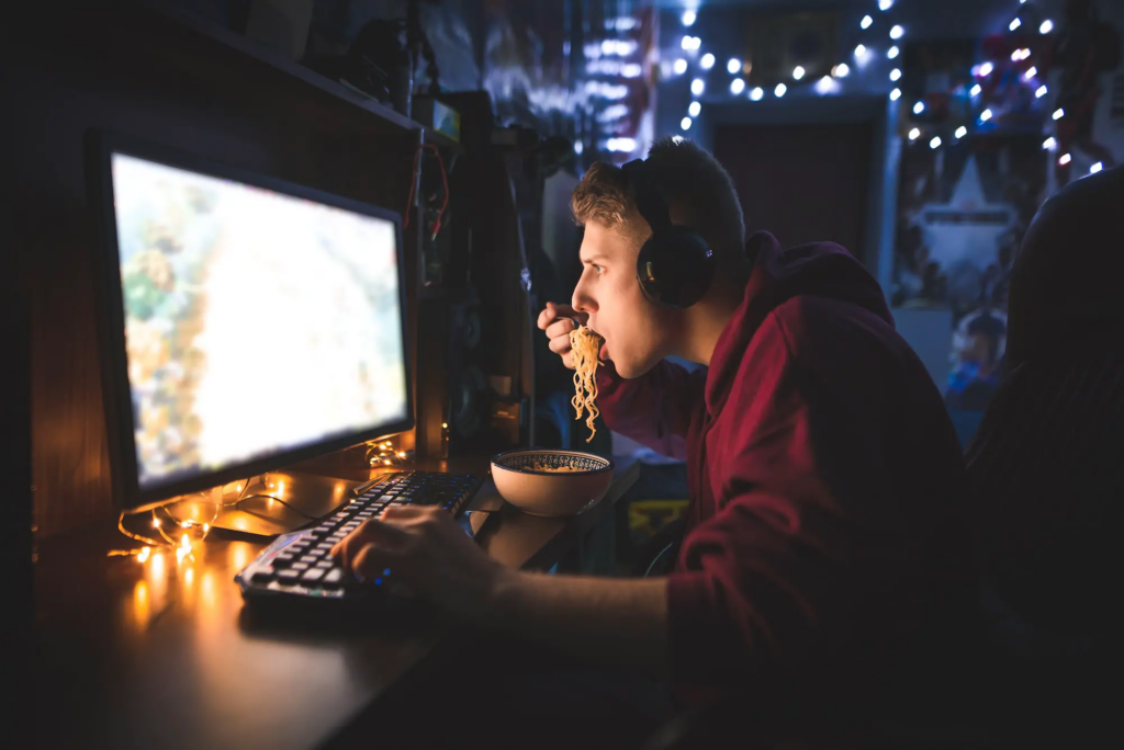 Ilustramos um homem viciado em jogos, ainda sem o tratamento adequado
